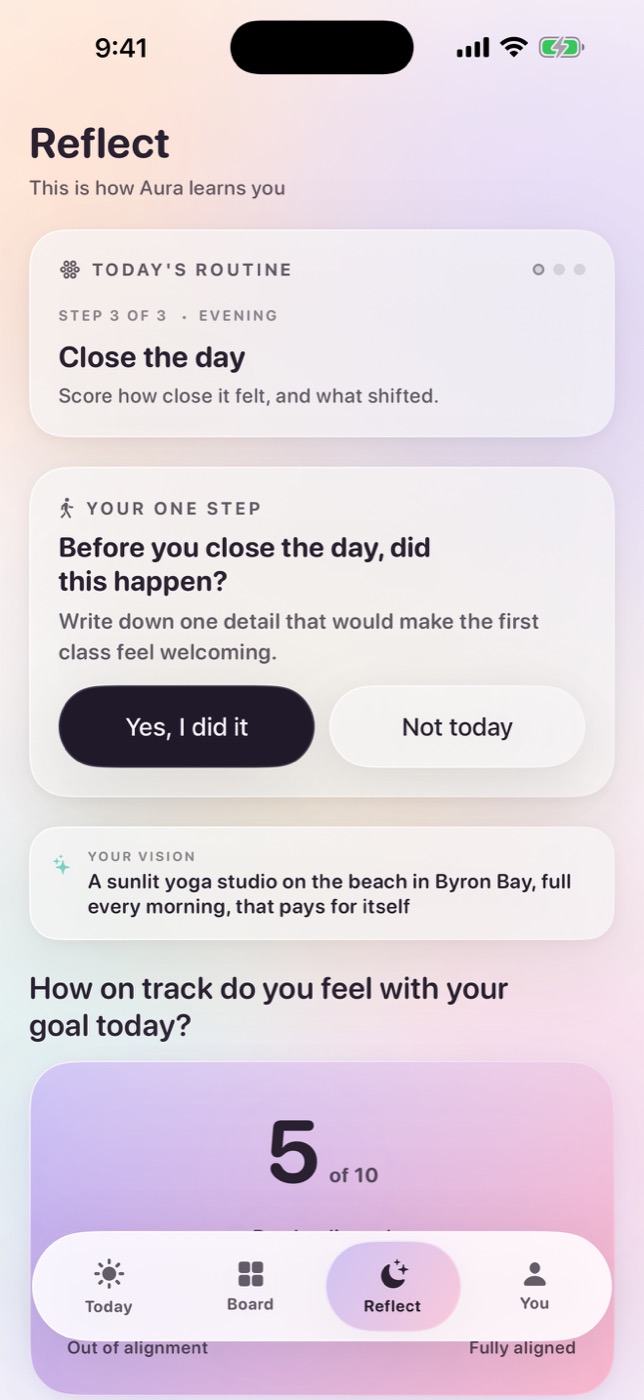 The MyDirection evening reflection screen with an alignment rating